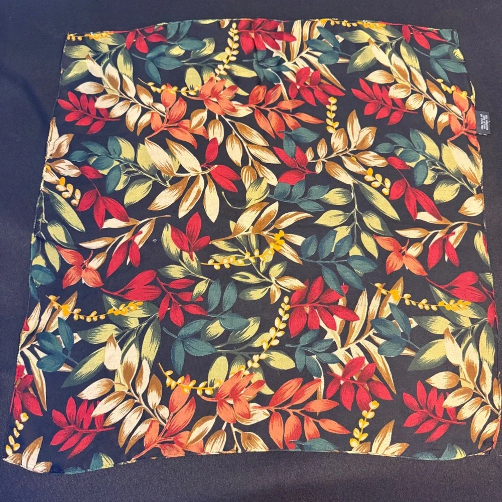 Cejon Floral Scarf Black Botanical Print Square‎ Fall Leaves Korea 21x17